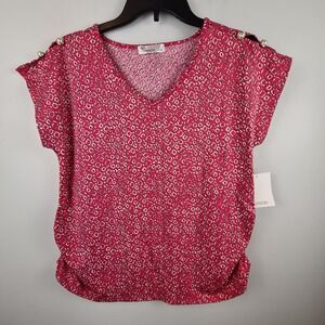 89th + Madison Womens Pink Animal Print V-Neck Cap Sleeve Ruched Top NWT S Pearl